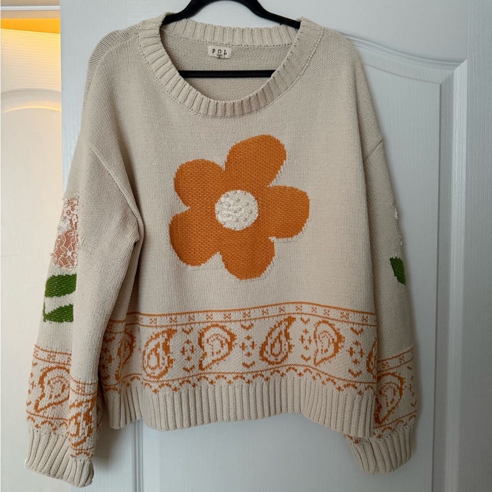 POL Cream Sweater with Orange Floral Design
